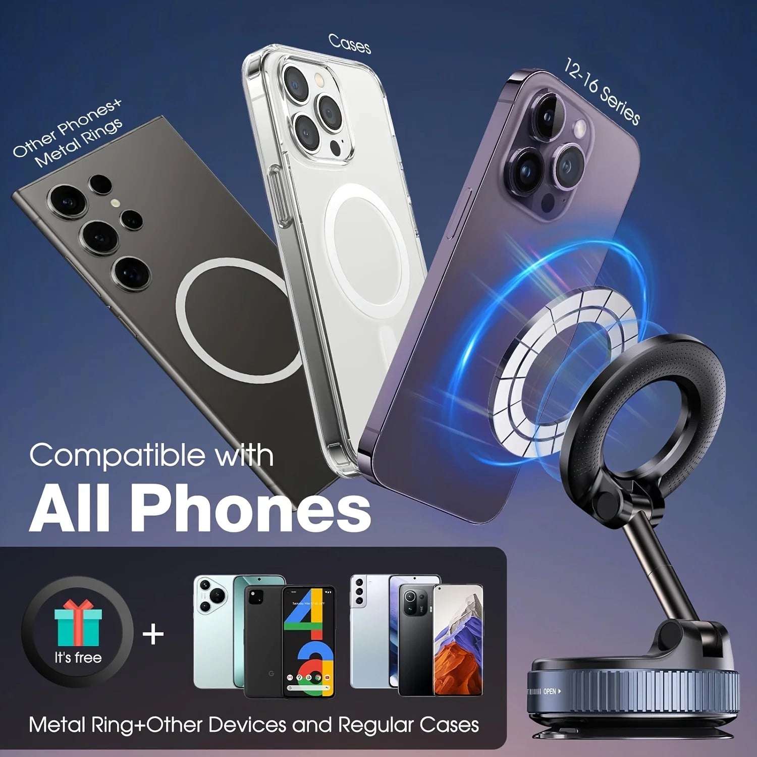 Car Phone Holder - 360° Magnetic Suction Mount for Dashboard & Windshield