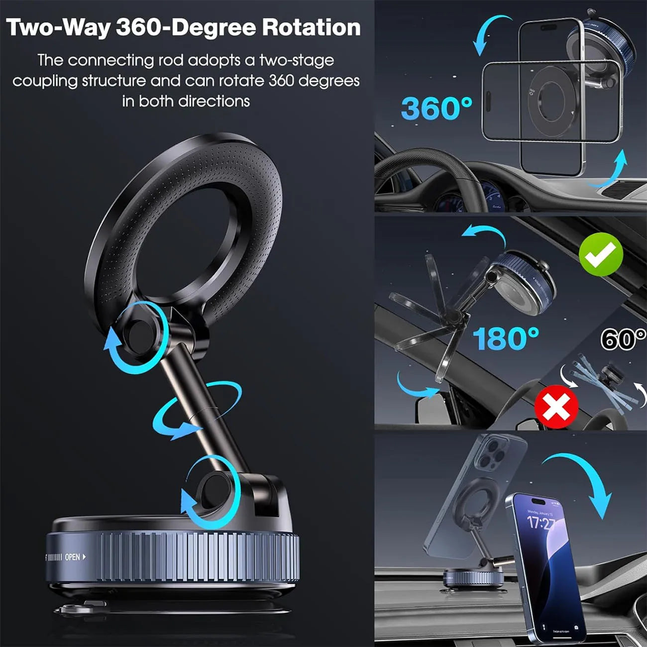 Car Phone Holder - 360° Magnetic Suction Mount for Dashboard & Windshield